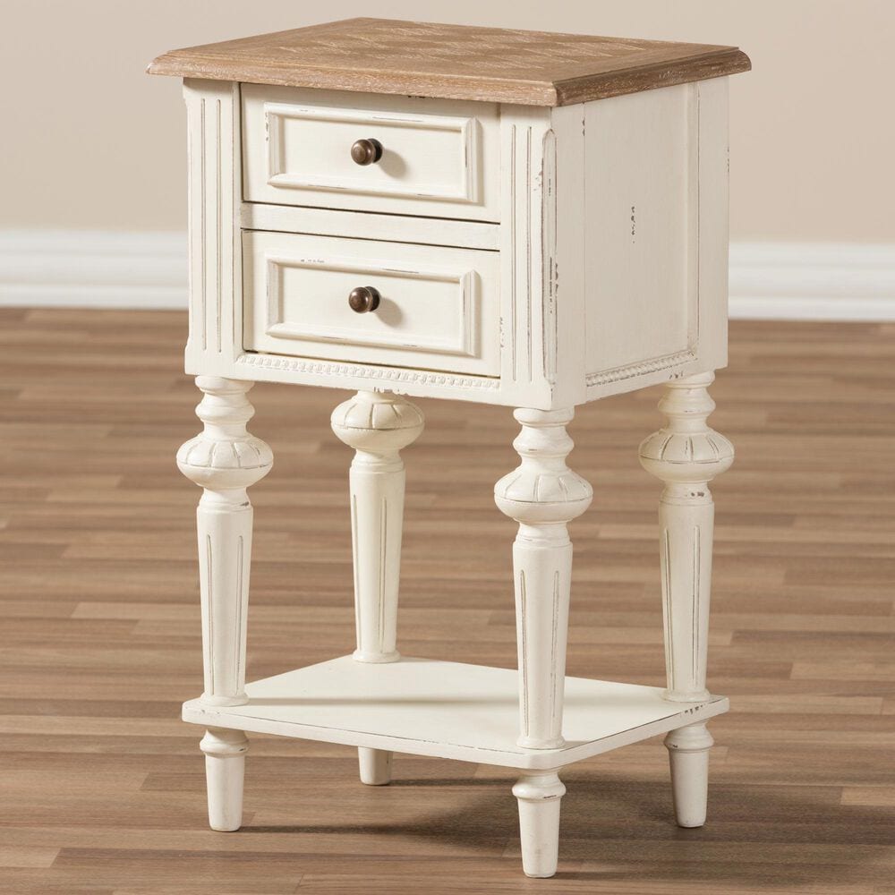 Baxton Studio Marquetterie 2-Drawer Nightstand in Weathered Oak and Distressed White Wash, , large