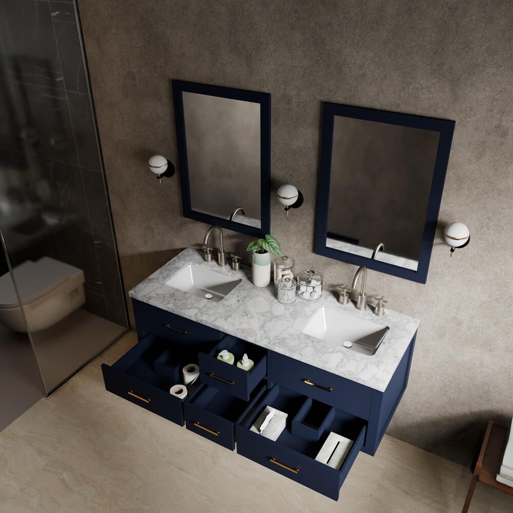 Lexora Home Castor 60" Double Bathroom Vanity in Blue with 2 cm White Carrara Marble Top and Rectangular Sinks, , large