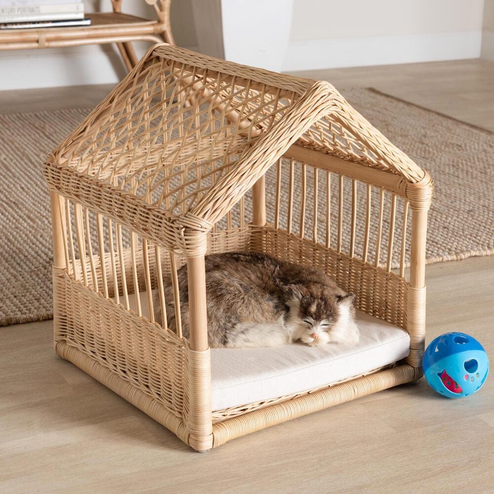 Baxton Studio Pieta Rattan Pet Bed with Removable Cushion in Natural Brown, , large