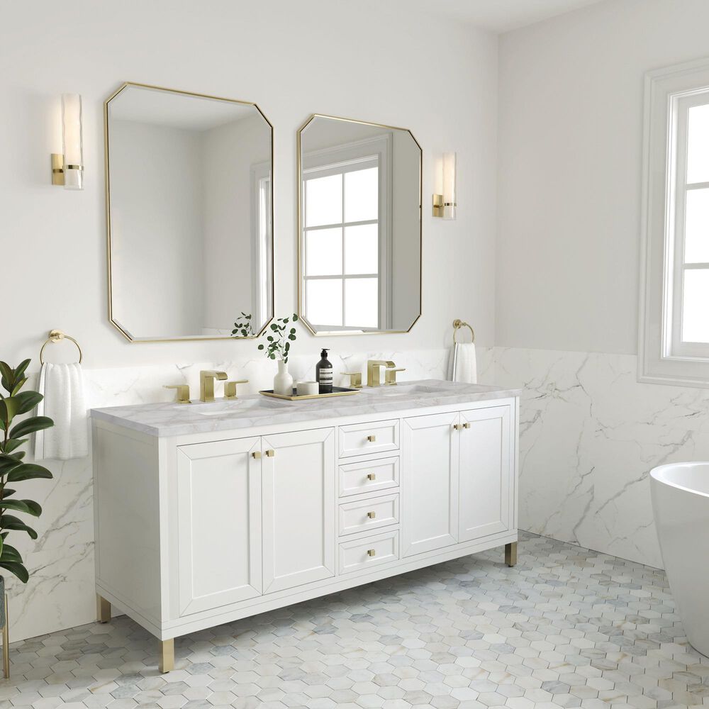 James Martin Vanities Chicago 72" Double Bathroom Vanity in Glossy White with 3 cm Victorian Silver Quartz Top, Rectangular Sinks and FreePower Wireless Charger, , large