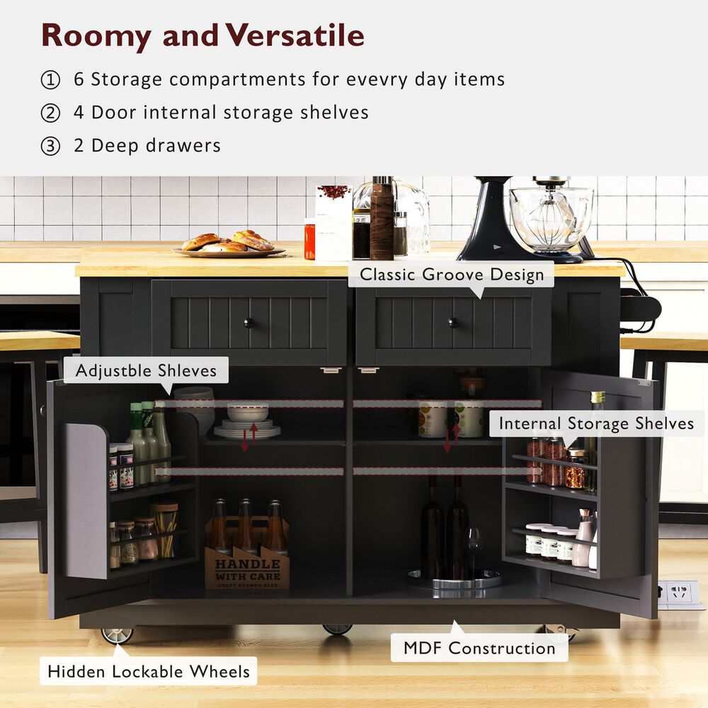 HOMLUX 48" Kitchen Island with Drop Leaf in Black and Natural, , large