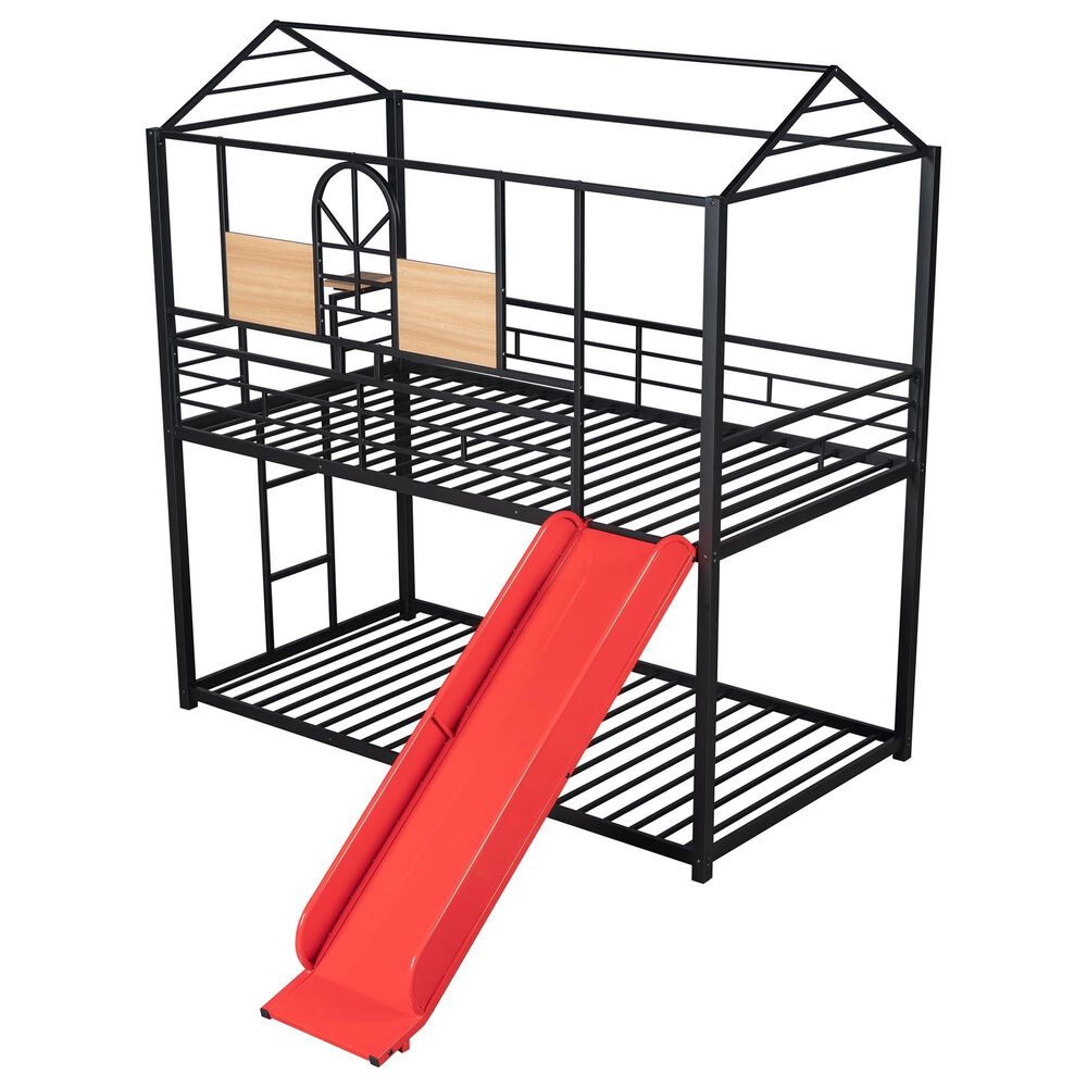 Hearth and Haven Twin over Twin House Bunk Bed with Built-in Slide in Black and Red, , large