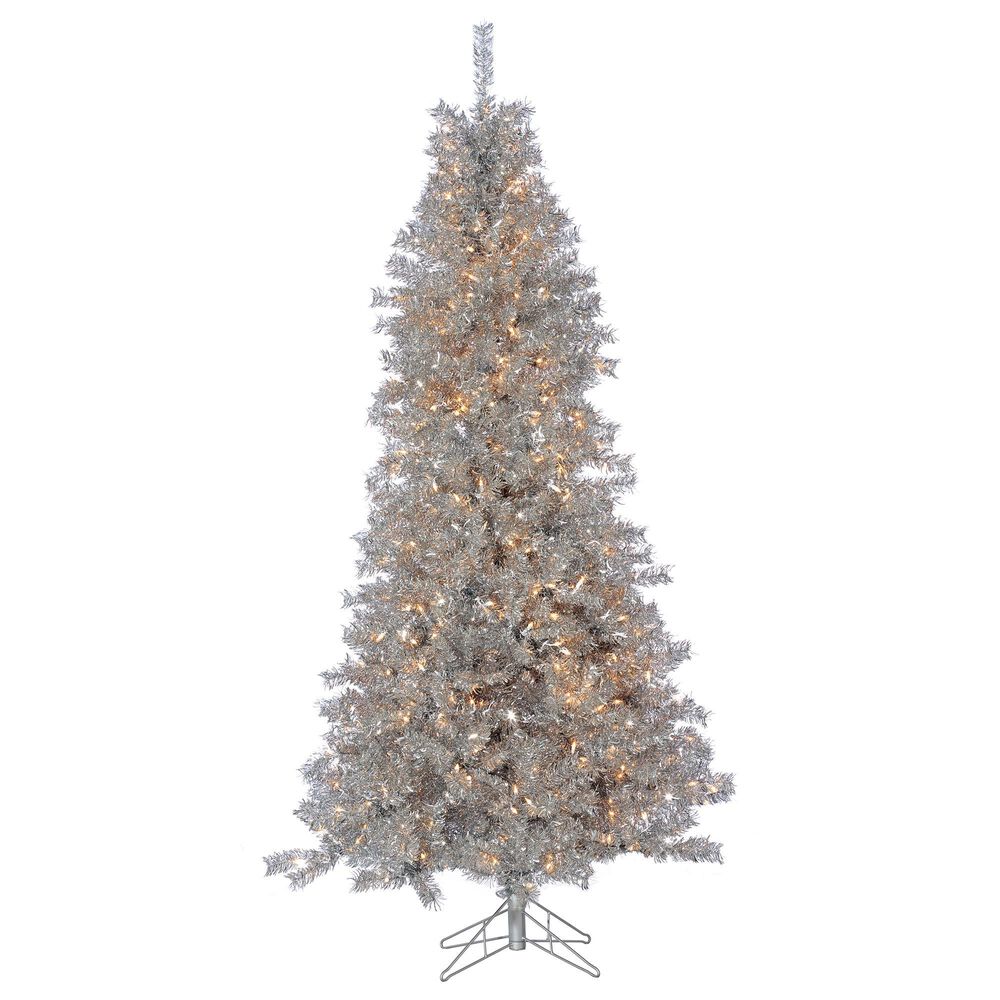 The Gerson Company 7.5" Pre-Lit Tinsel Artificial Christmas Tree in Silver, , large