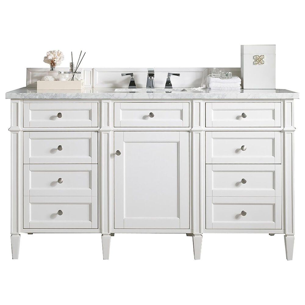 James Martin Vanities Brittany 60" Single Bathroom Vanity in Bright White with 3 cm Carrara White Marble Top and Rectangular Sink, , large