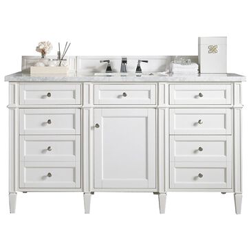 James Martin Vanities Brittany 60" Single Bathroom Vanity in Bright White with 3 cm Carrara White Marble Top and Rectangular Sink, , large
