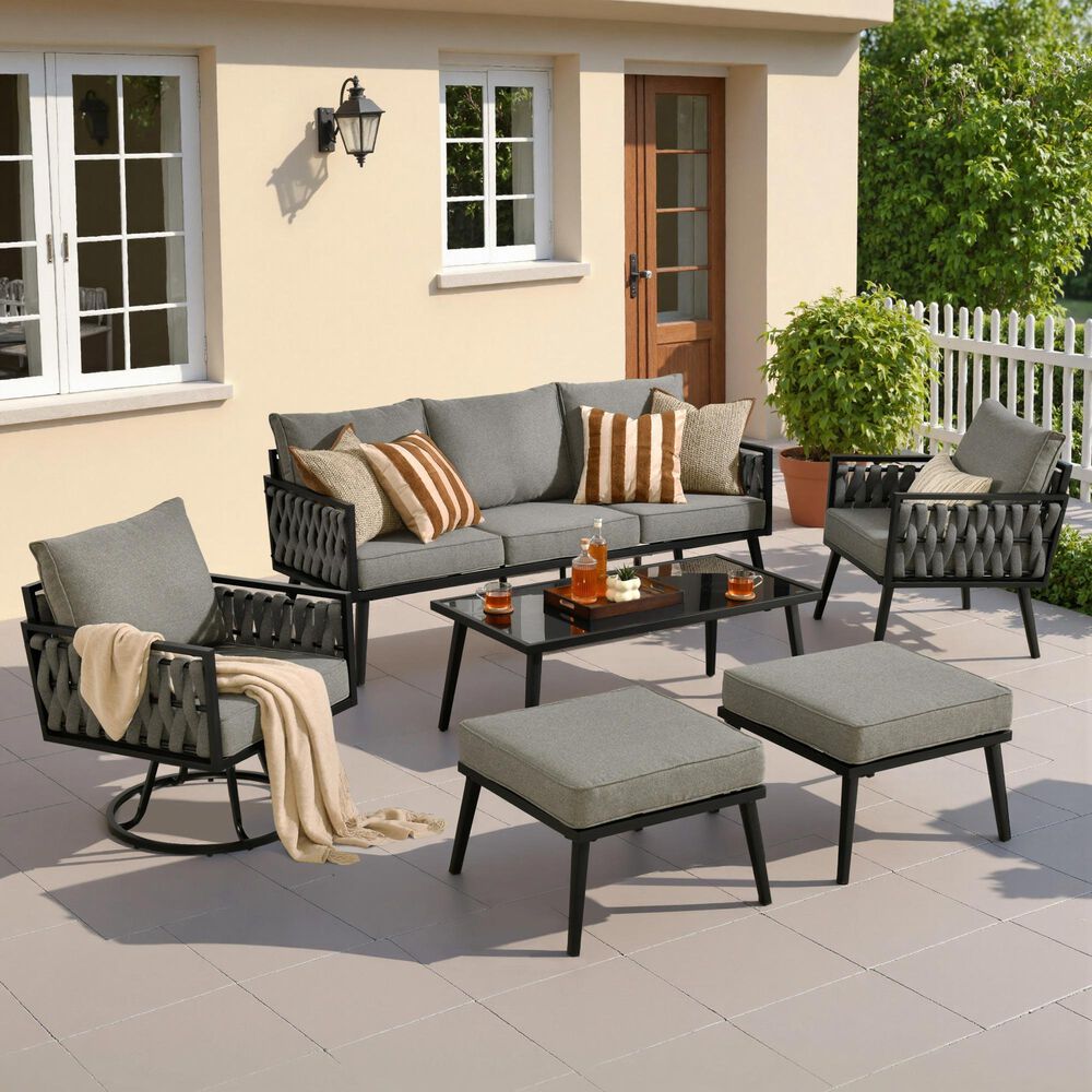 HOMLUX 6-Piece Patio Conversation Set with Woven Sling Fabric in Dark Gray, , large