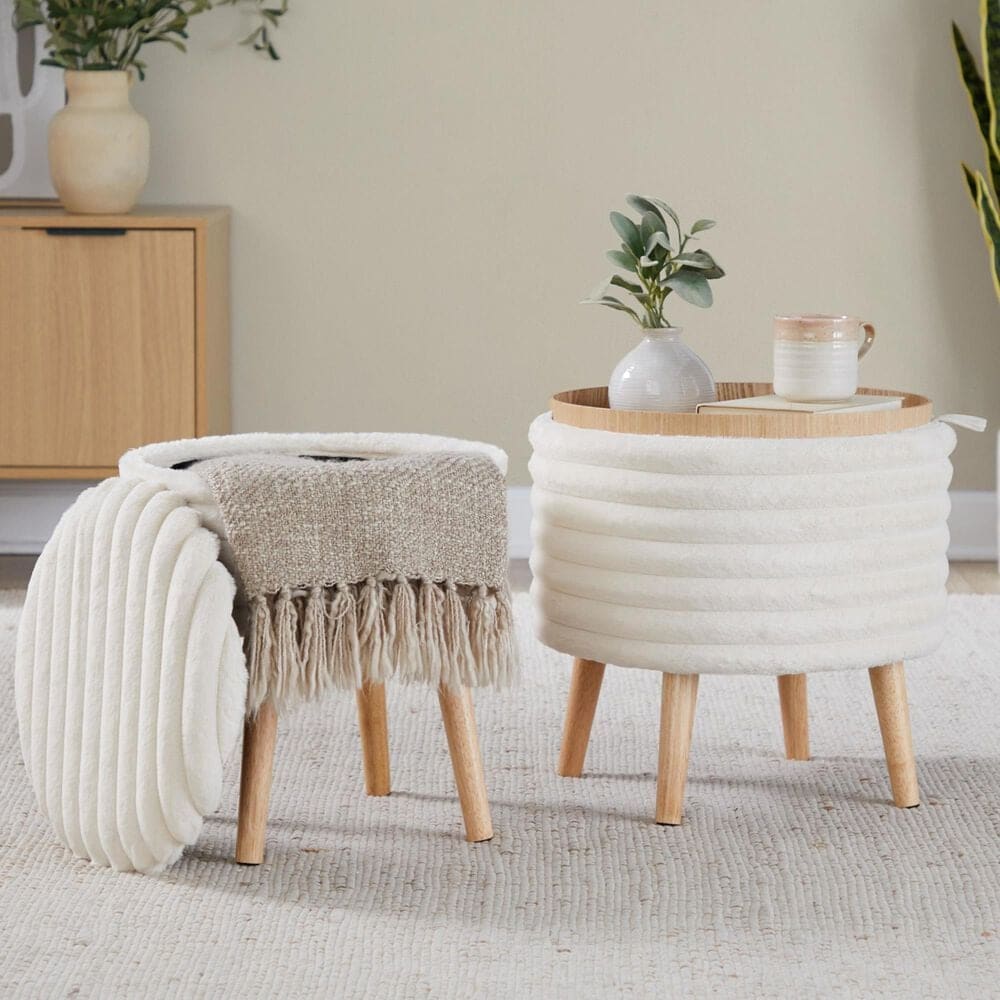 Lumisource Tray Plush 2-Piece Storage Ottoman Set in Cream, , large