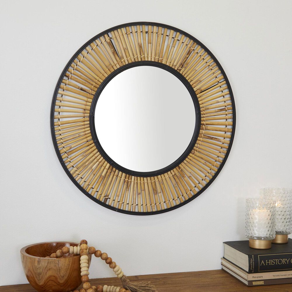 Maple and Jade 28&quot; Round Tribal Handmade Woven Wall Mirror in Brown and Black, , large