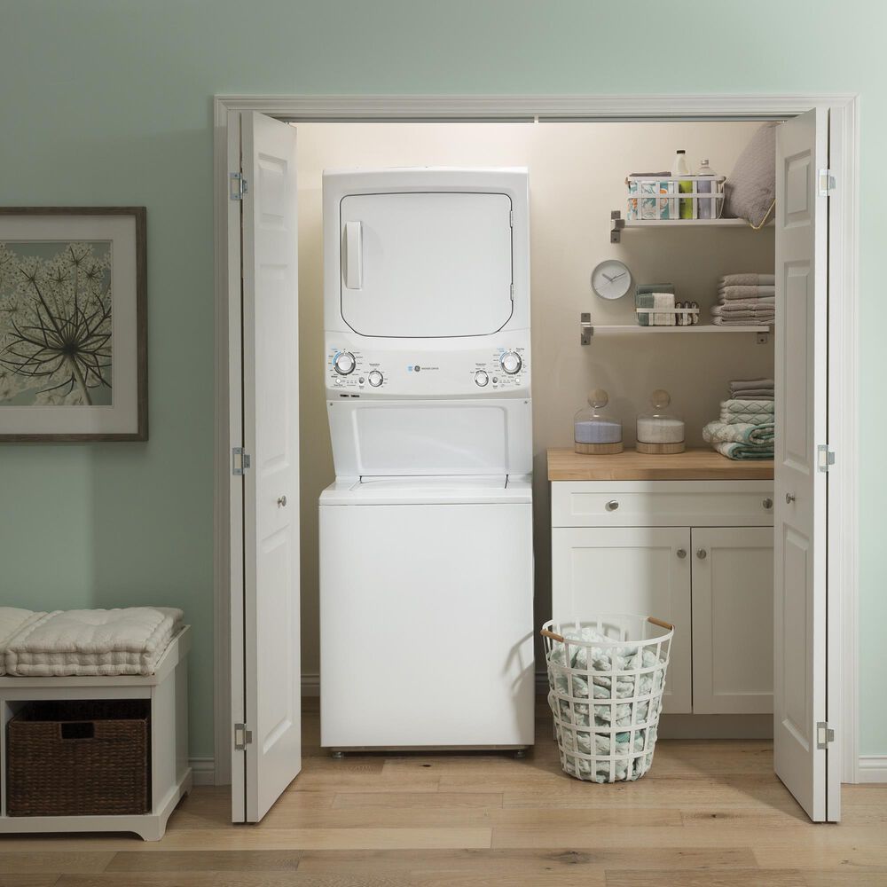 GE Appliances 3.9 Cu. Ft. Front Load Washer and 5.9 Cu. Ft. Gas Dryer Stack Laundry in White, , large