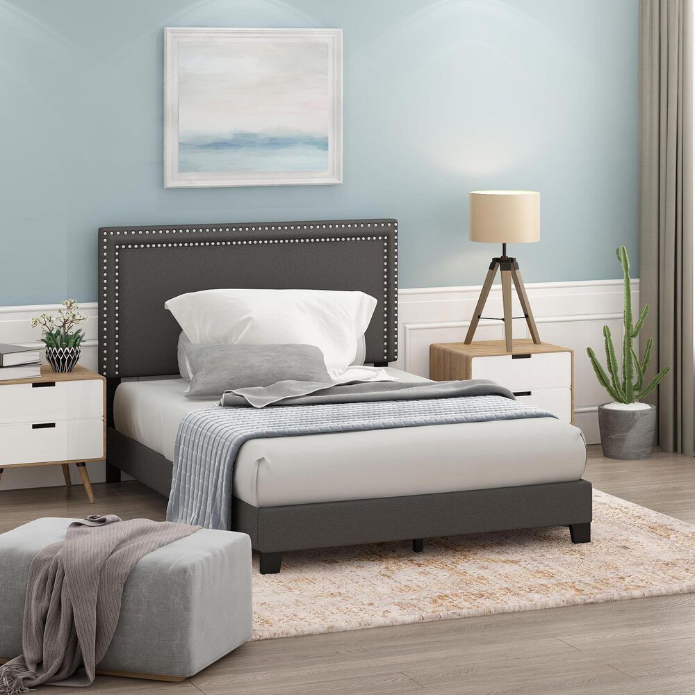 HOMLUX Laval Full Upholstered Platform Bed Frame in Stone, , large