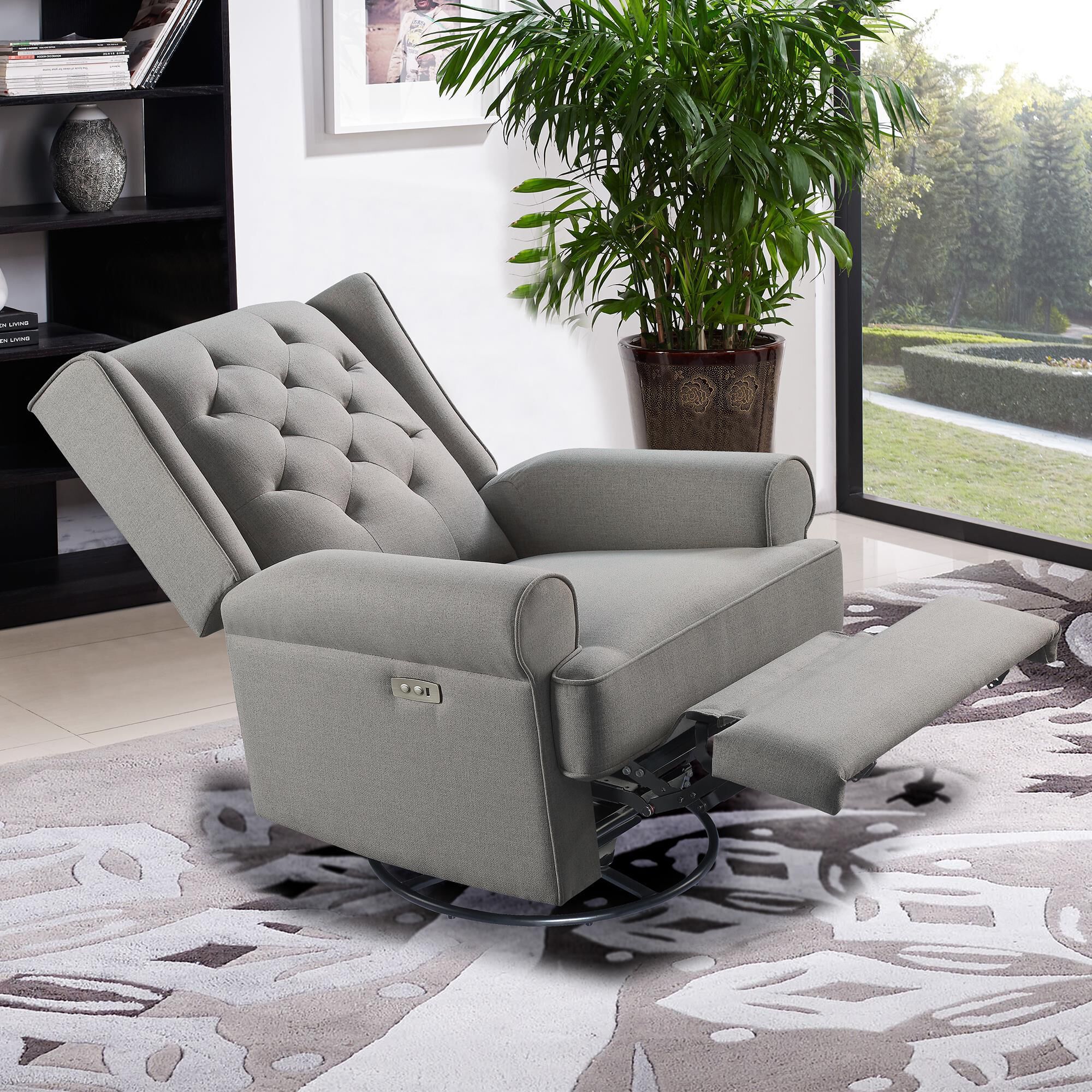 Swivel glider rocker recliner with ottoman top