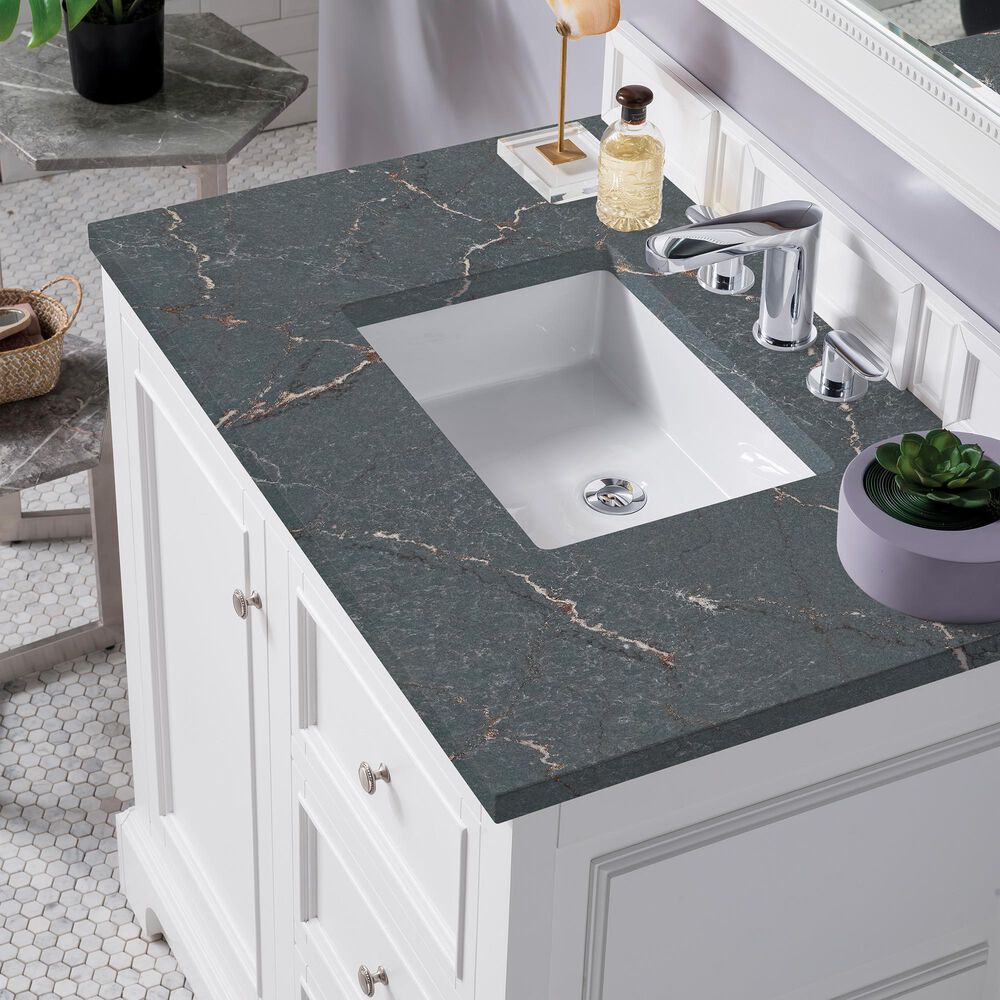 James Martin Vanities De Soto 36" Single Bathroom Vanity in Bright White with 3 cm Parisien Bleu Quartz Top and Rectangular Sink, , large