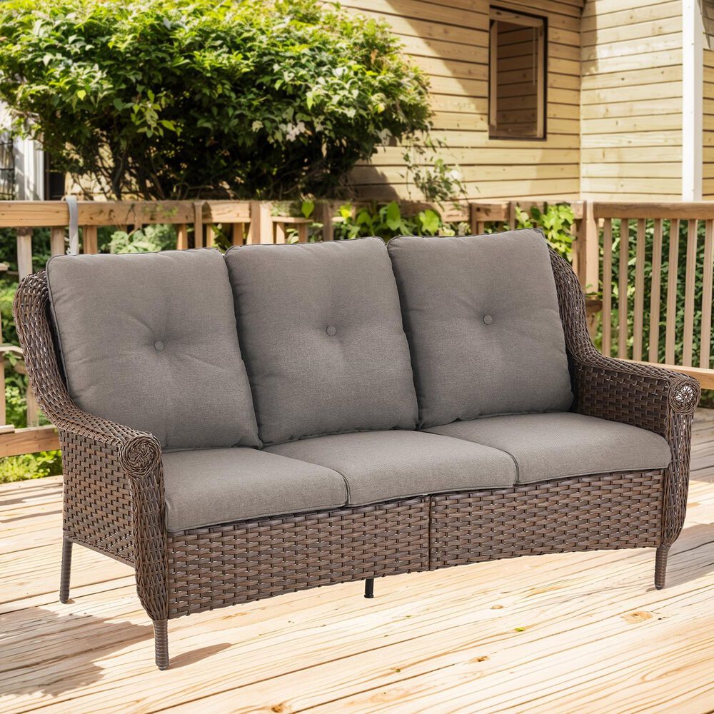 Sunwell Garden 3-Seater Patio Sofa with Floral Armrests in Gray, , large