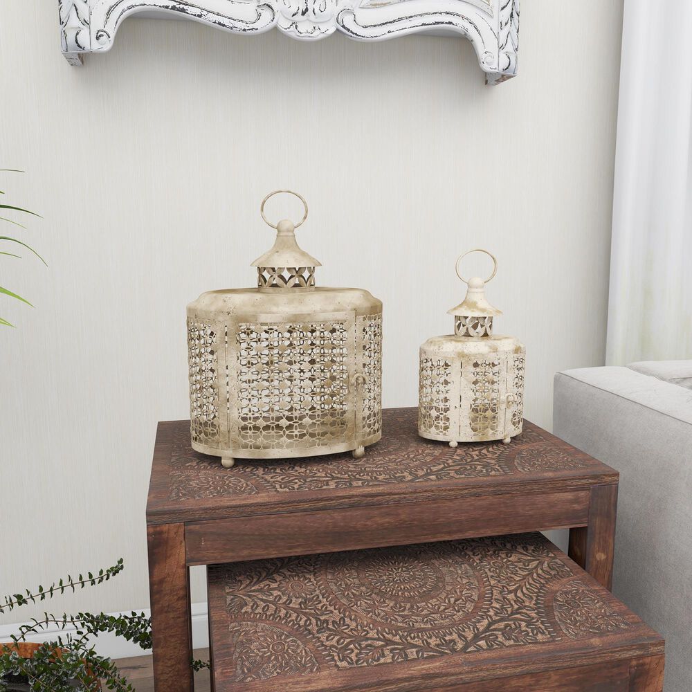 Maple and Jade Rustic Metal Lantern in Beige &#40;Set of 2&#41;, , large