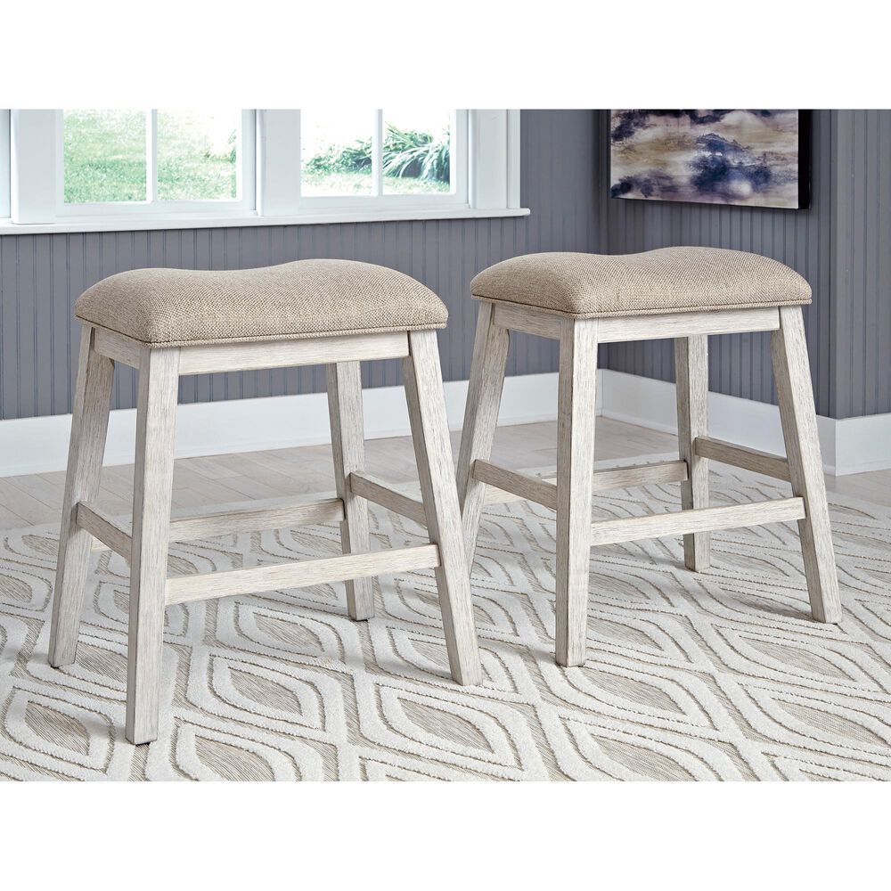 Ashley Skempton Upholstered Counter Stool in Distressed White and Light Brown, , large