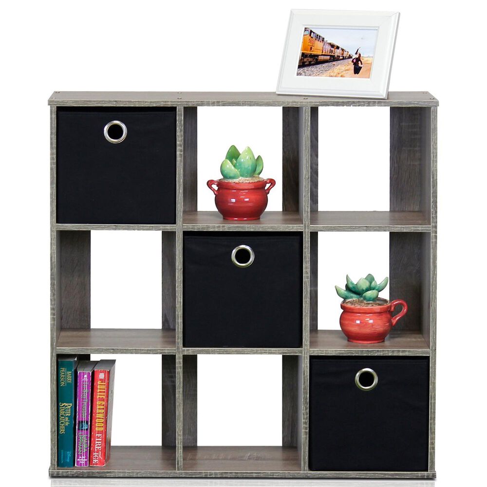 HOMLUX 9-Cube Standing Bookshelf with Bins in Grey, , large