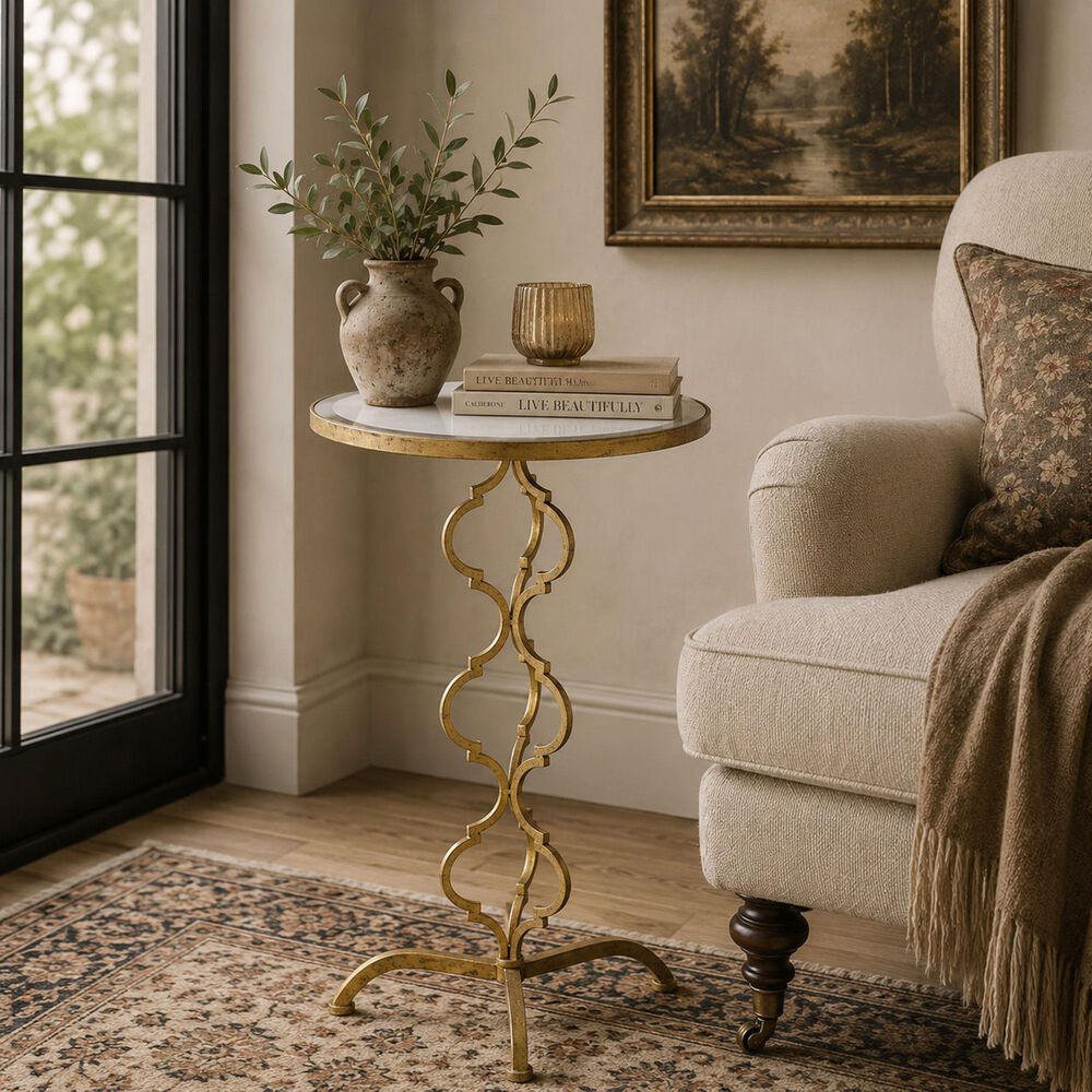 Maple and Jade Quatrefoil End Table with Mirrored Glass Top in Gold, , large