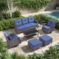 Sunwell Garden 17" Ottoman with Navy Cushion and Round Legs in Brown (Set of 2), , large