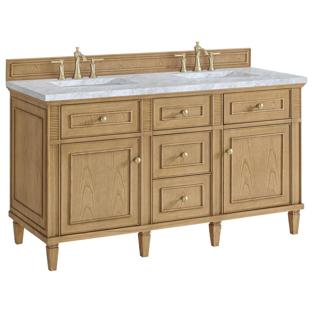 James Martin Vanities Lorelai 60" Double Vanity in Light Natural Oak with 3 cm Carrara White Marble Top, , large