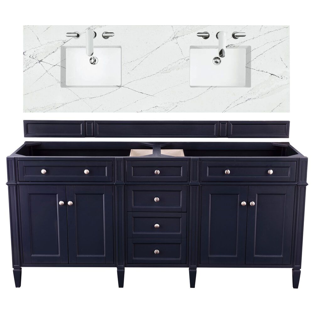 James Martin Vanities Brittany 72" Double Bathroom Vanity in Victory Blue with 3 cm Ethereal Noctis Quartz Top and Rectangle Sinks, , large