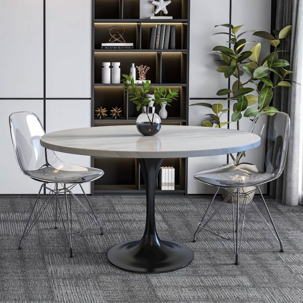 Leisuremod LeisureMod Verve Collection 48 Round Dining Table, Black Base with Laminated White Marbleized Top, , large