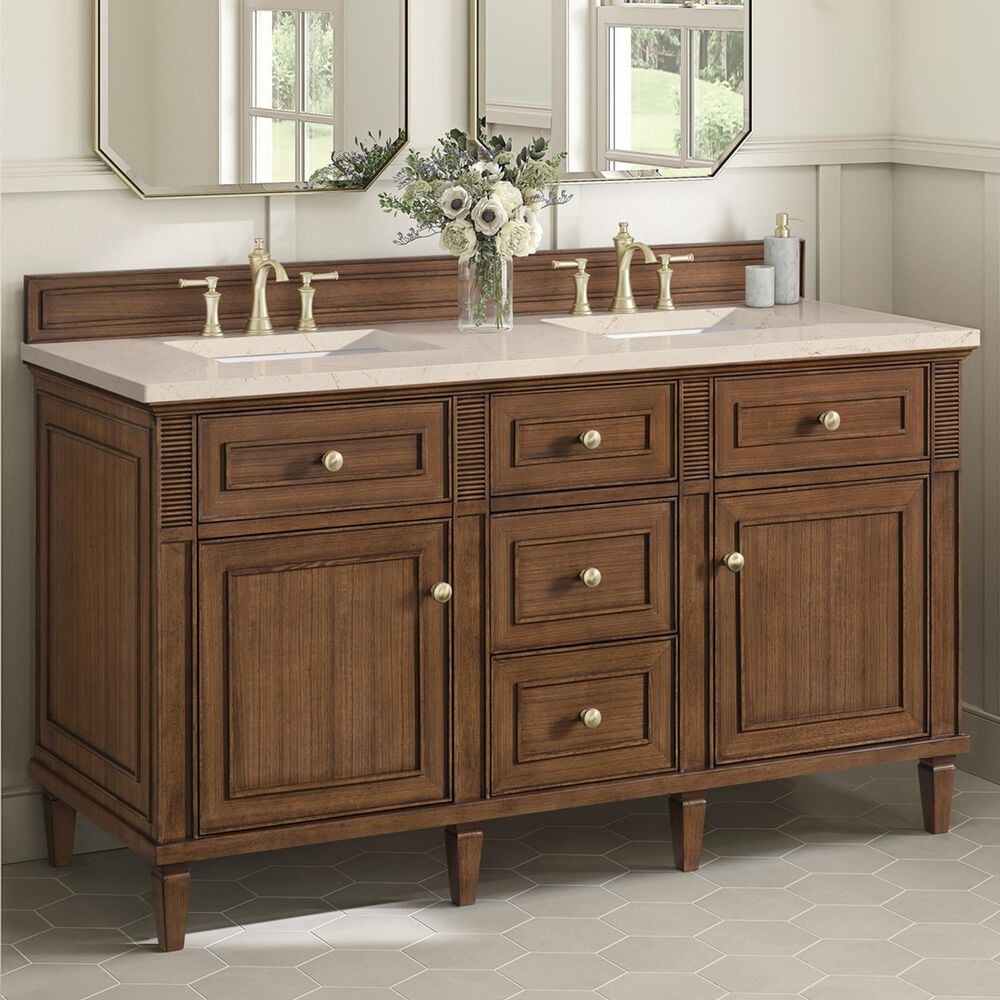 James Martin Vanities Lorelai 60&quot; Double Vanity in Mid-Century Walnut with 3 cm Eternal Marfil Quartz Top, , large