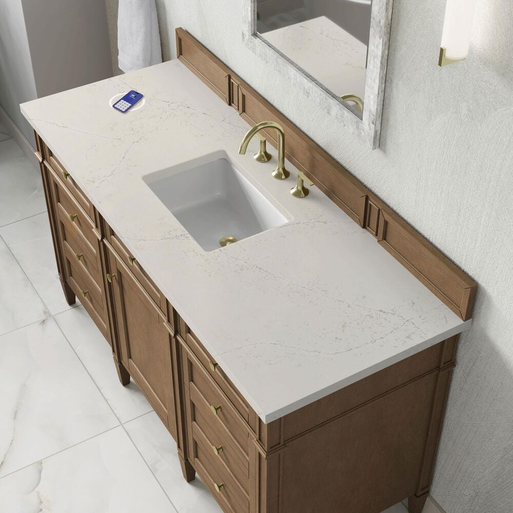 James Martin Brittany 60" Single Bathroom Vanity in Pecan with 3 cm Siberian Silestone Top, Rectangular Sink and FreePower Wireless Charger, , large