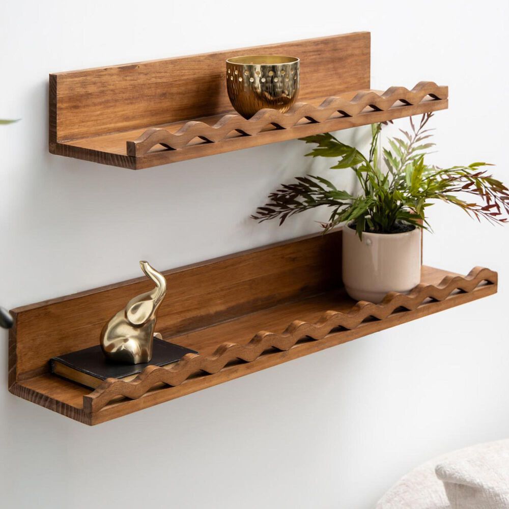 Maple and Jade Handmade Wavy Room Wall Shelf in Brown (Set of 2), , large