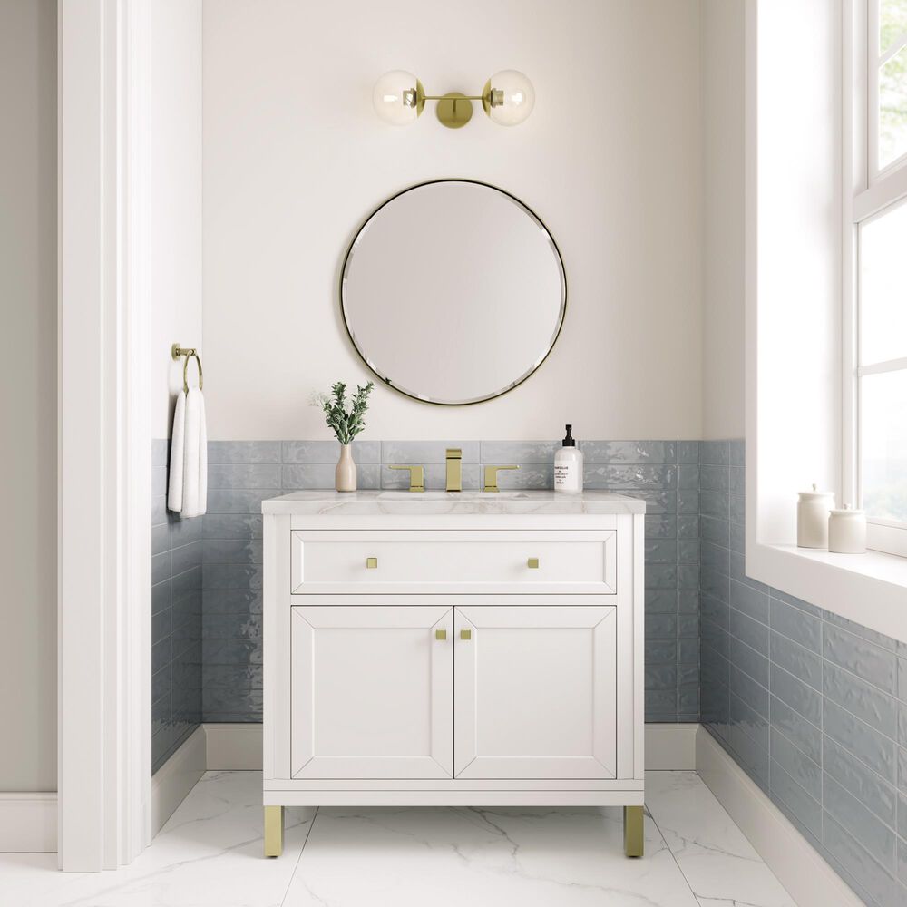 James Martin Vanities Chicago 36&quot; Single Bathroom Vanity in Glossy White with 3 cm Victorian Silver Quartz Top and Rectangular Sink, , large