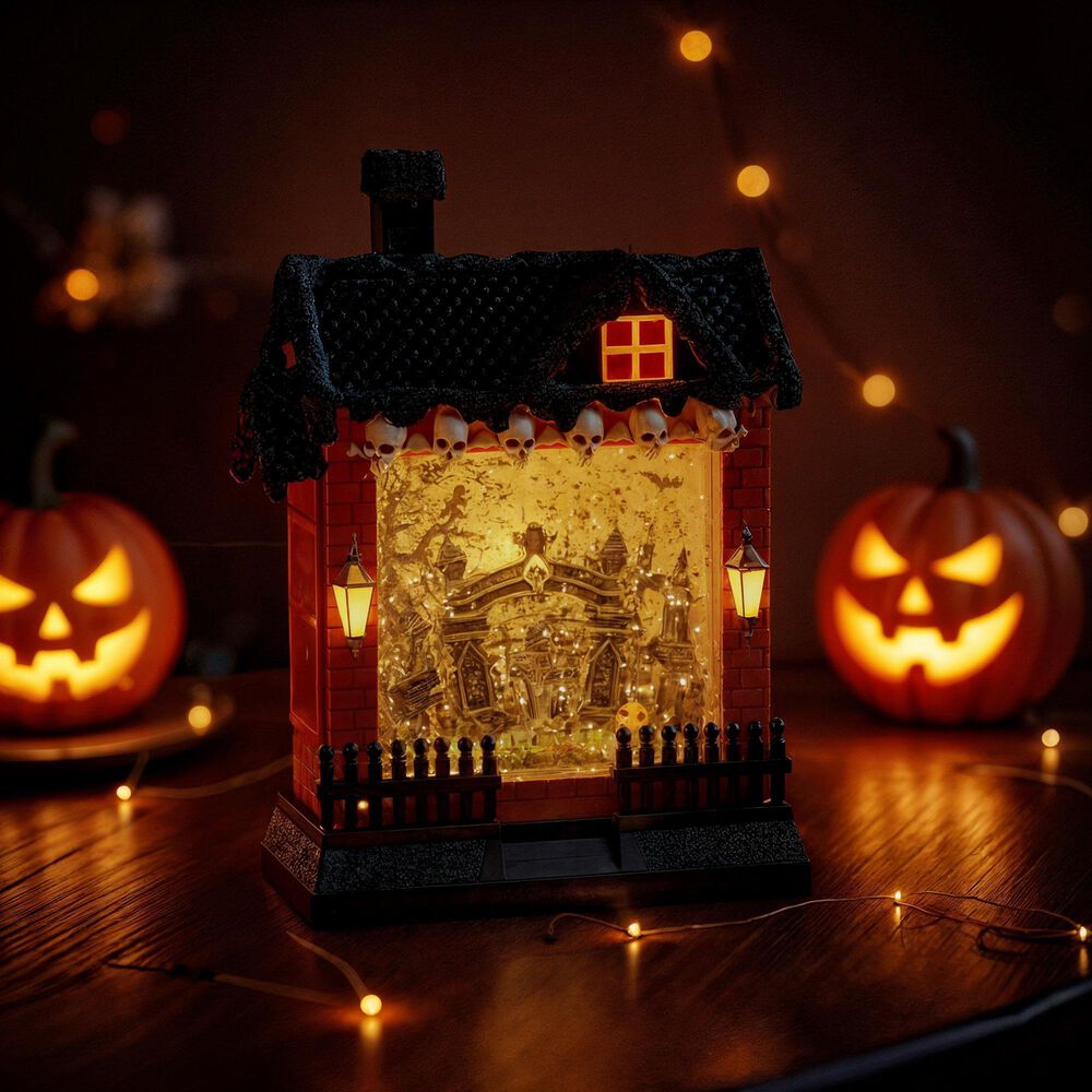 The Gerson Company 10&quot; Lighted Spinning Water Globe Haunted House in Black and Orange, , large