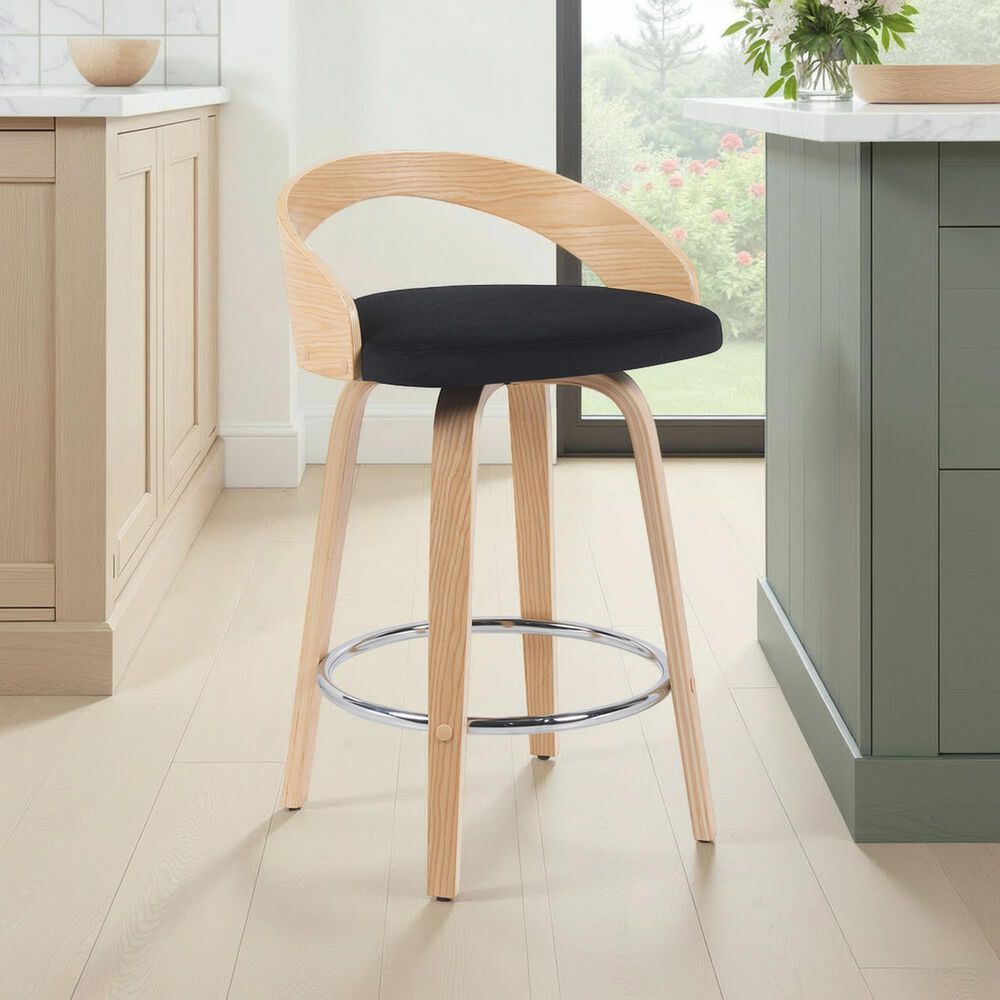 Armen Living Sonia Swivel Counter Height Stool with Black Upholstery in Oak, , large