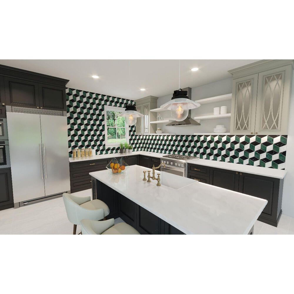 Soho Studio Pari Verde Nero, Dark Green and Carrara 8" x 9.21" Marble Mosaic Sheet, , large