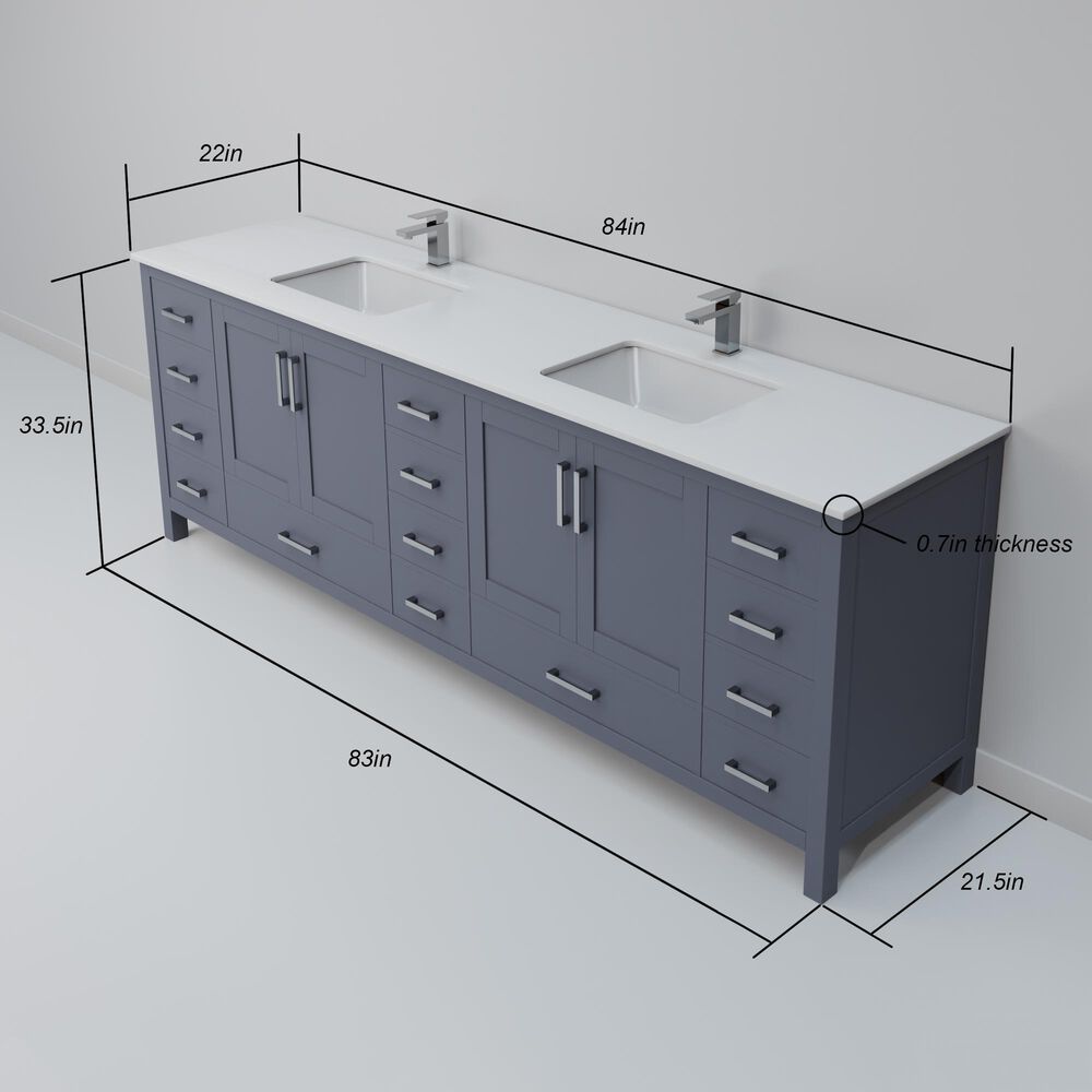 Lexora Home Jacques 84" Double Bathroom Vanity in Dark Grey with 2 cm White Cultured Marble Top and Rectangular Sinks, , large