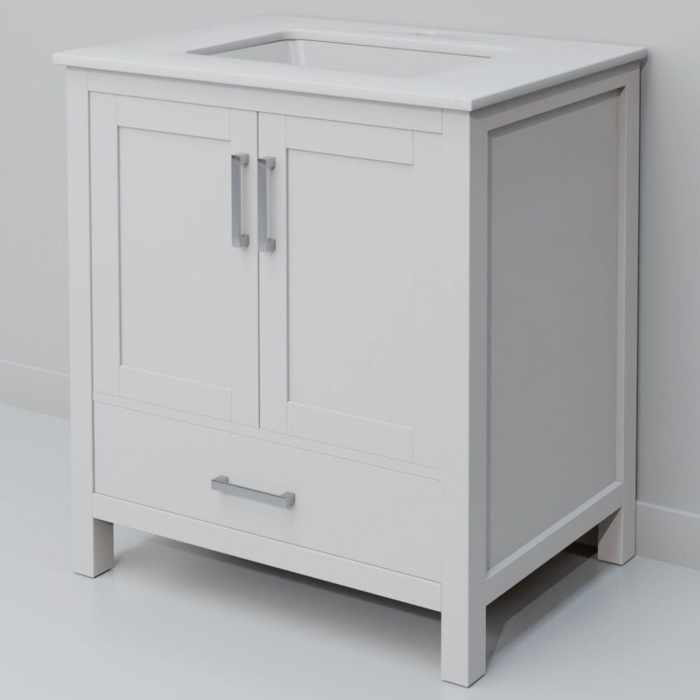Lexora Home Jacques 30" Single Bathroom Vanity in White with 2 cm White Quartz Top and Rectangular Sink, , large