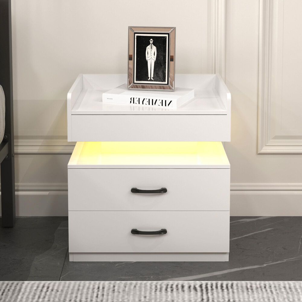 Hearth and Haven 2-Drawer Nightstand with Adjustable LED Strip Light in White, , large