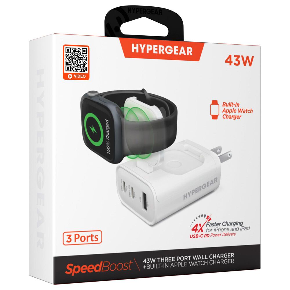 Hypercel SpeedBoost 43W 3-Port Fast Wall Charger with Built-In Apple Watch Charger in White, , large