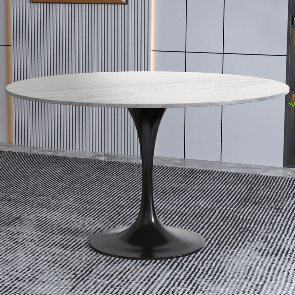 Leisuremod LeisureMod Verve Collection 48 Round Dining Table, Black Base with Sintered Stone White Top, , large