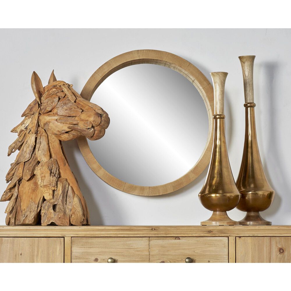Maple and Jade 24&quot; Round Wood Wall Mirror in Natural Brown, , large