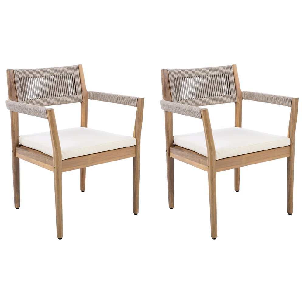 Hearth and Haven Outdoor Braided Acacia Wood Dining Chair in Cream (Set of 2), , large