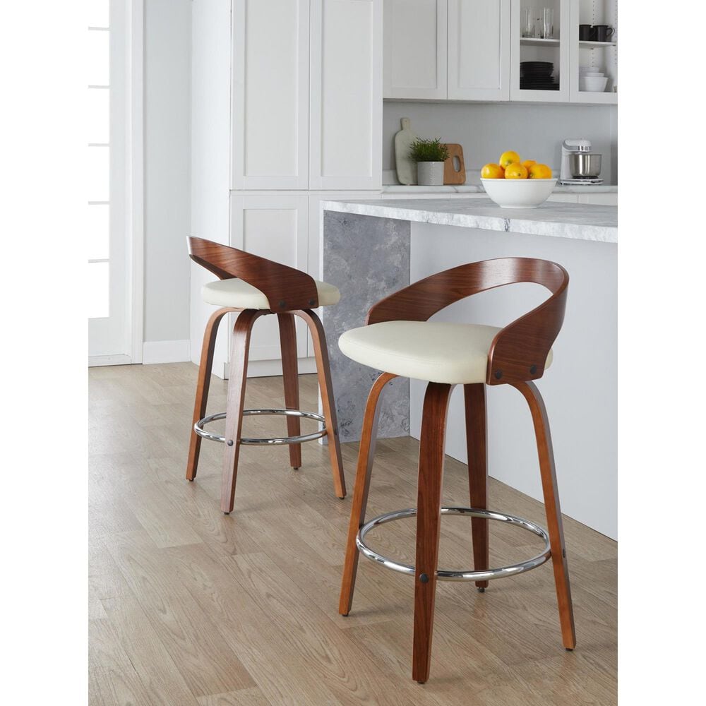 LumiSource Grotto 26" Swivel Counter Stool with Cream Faux Leather Upholstery in Walnut and Chrome (Set of 2), , large