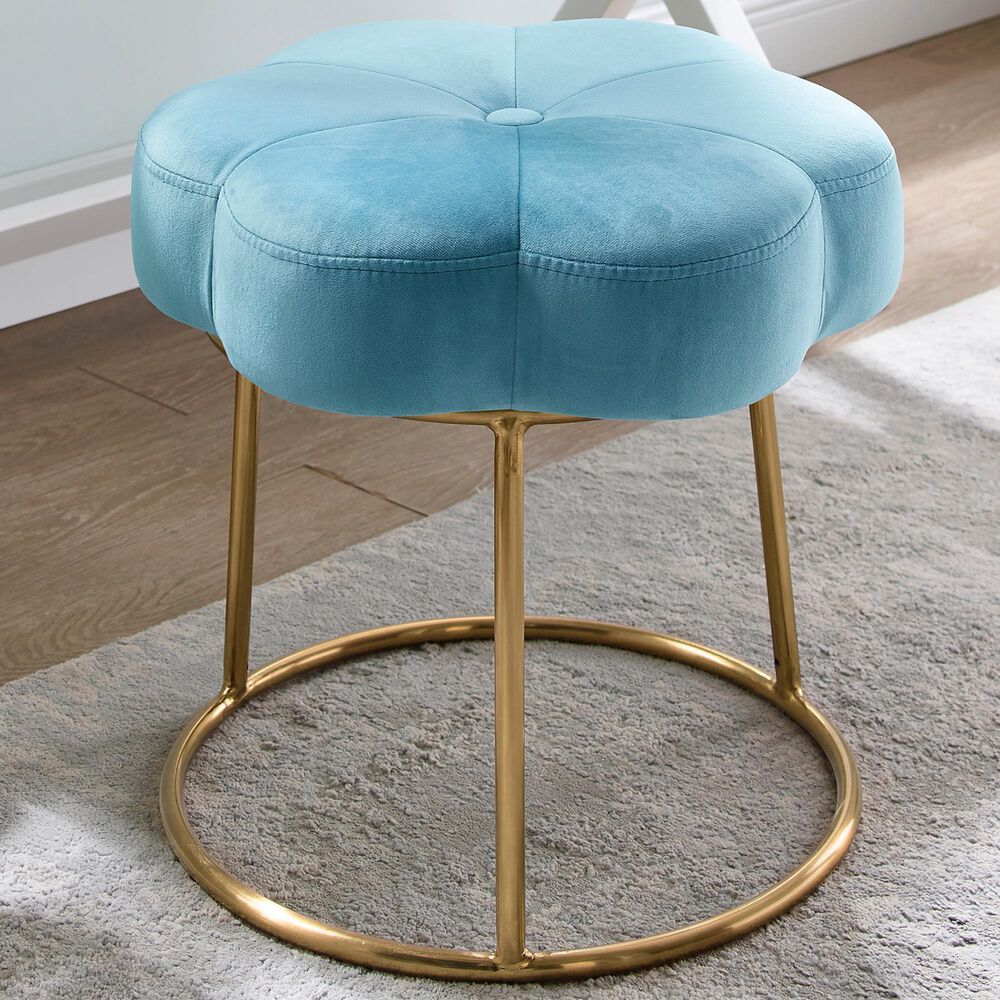 Linon Home Decor Seraphina Vanity Stool with Blue Cushion in Gold, , large