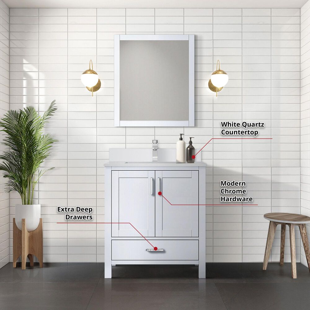 Lexora Home Jacques 30&quot; Single Bathroom Vanity in Navy Blue with 2 cm White Quartz Top, Rectangular Sink and 28&quot; Mirror, , large