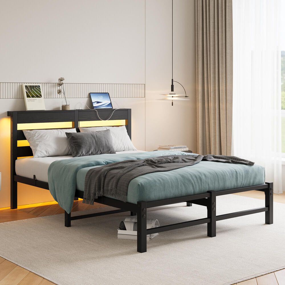 Hearth and Haven Full Metal Bed with RGB Lights and Storage Shelf in Black, , large