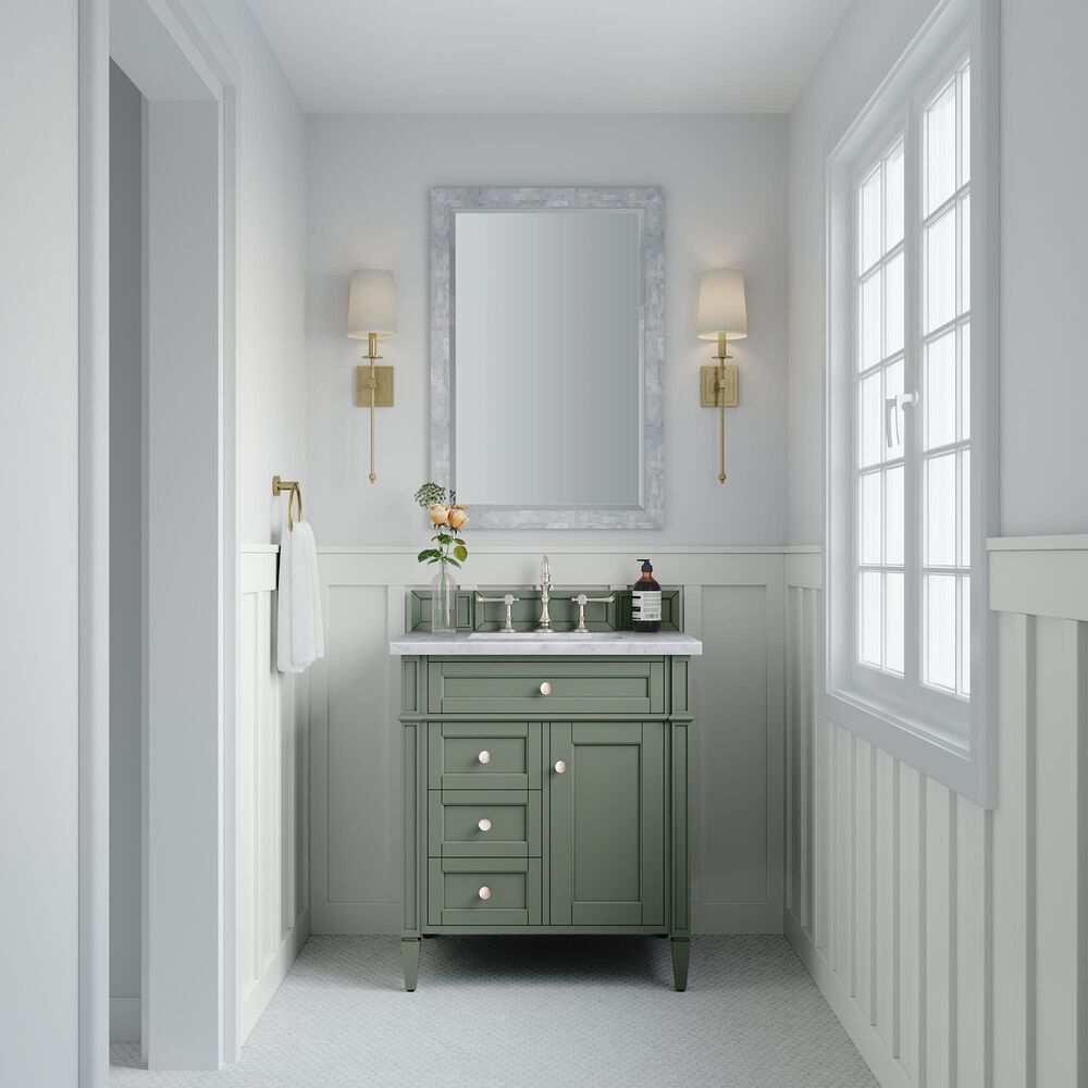 James Martin Vanities Brittany 30&quot; Single Bathroom Vanity in Smokey Celadon with 3 cm Carrara White Marble Top and Rectangular Sink, , large