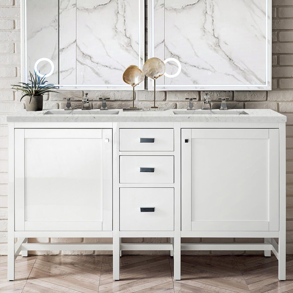 James Martin Vanities Addison 60&quot; Double Bathroom Vanity in Glossy White with 3 cm Eternal Jasmine Pearl Quartz Top and Rectangular Sinks, , large