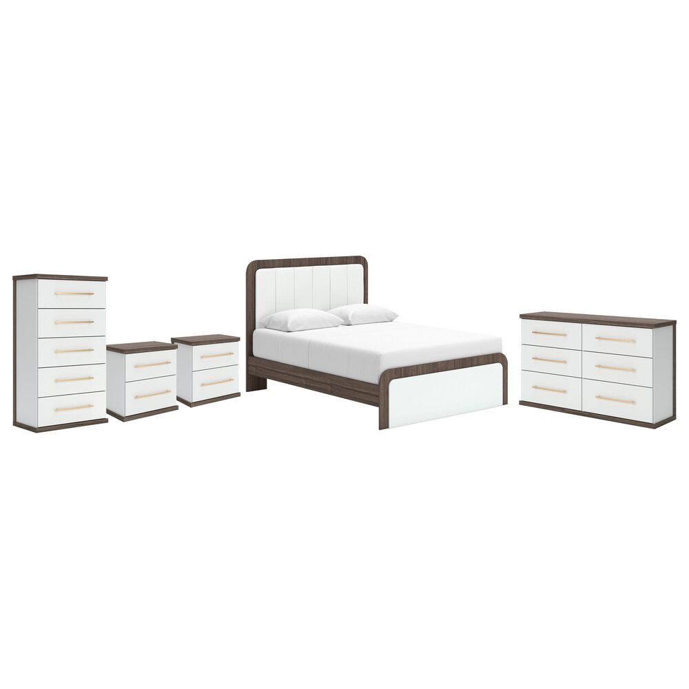 Ashley Kendanport Queen Upholstered Bed with Dresser, Chest, and Two Nightstands in Brown and White, , large