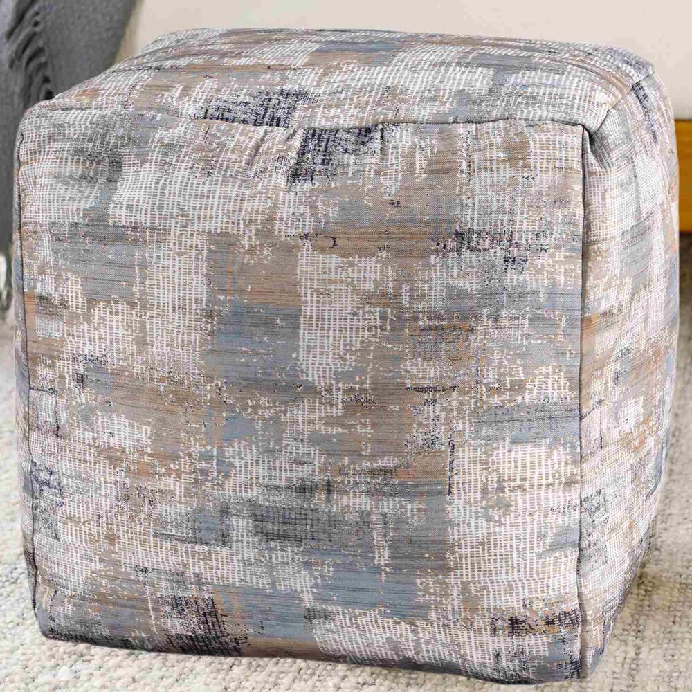 LR Home 18" Square Abstract Pouf in Taupe and Blue, , large
