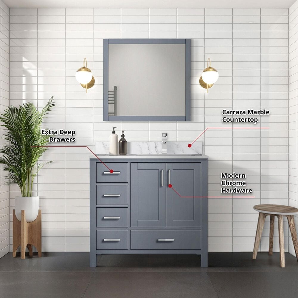 Lexora Home Jacques 36&quot; Right Offset Single Bathroom Vanity in Dark Grey with 2 cm White Carrara Marble Top and Rectangular Sink, , large