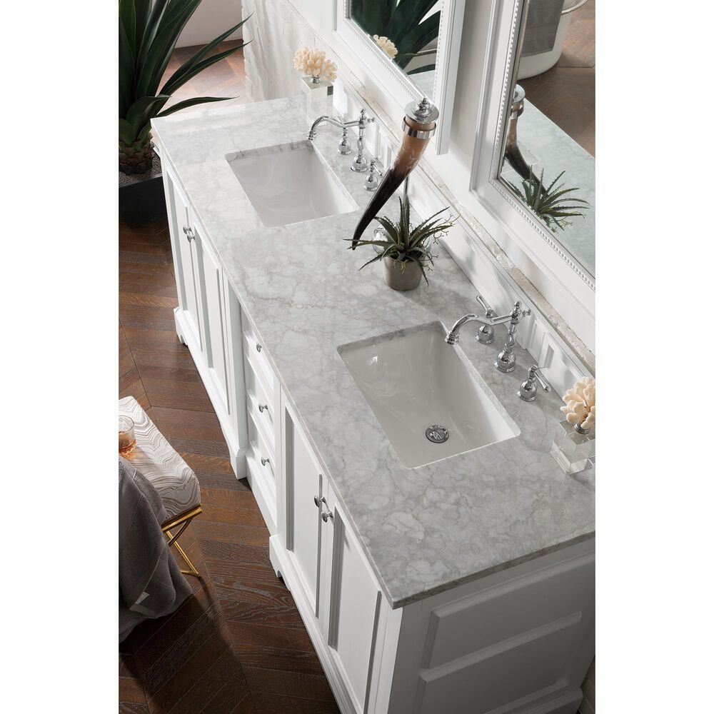 James Martin Vanities De Soto 72&quot; Double Bathroom Vanity in Bright White with 3 cm Carrara White Marble Top and Rectangular Sinks, , large