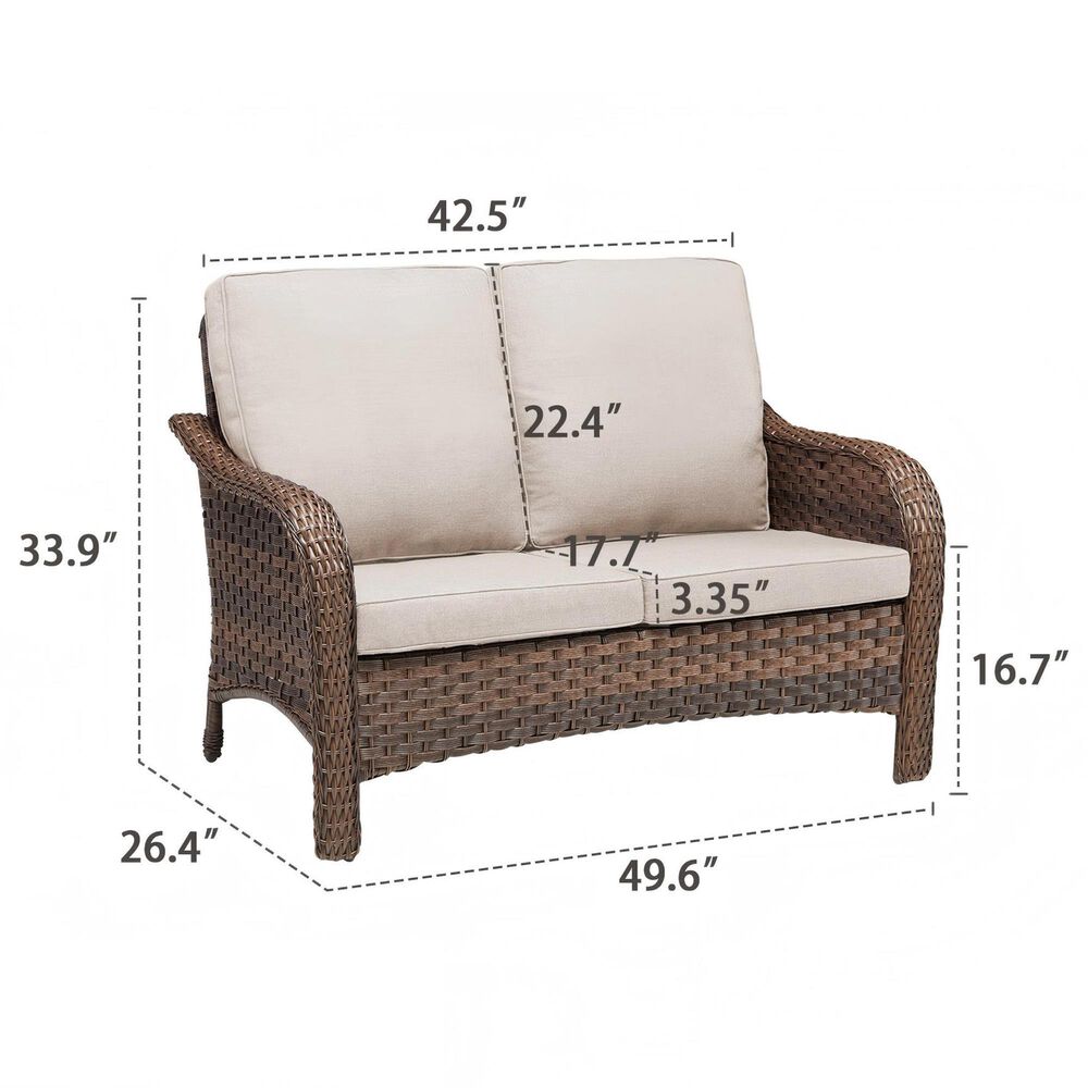 Sunwell Garden 34"H 2-Seater Outdoor Loveseat with Curved Armrests and Beige Cushions in Brown, , large